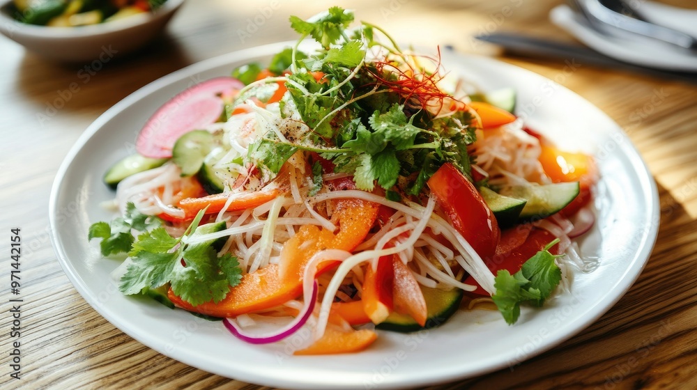 A high-resolution image of a noodle salad with colorful vegetables, herbs, and a tangy dressing, beautifully arranged on a white plate for a fresh and vibrant look A high-resolution image of a noodle salad with colorful vegetables, herbs, and a tangy dressing, beautifully arranged on a white plate for a fresh and vibrant look