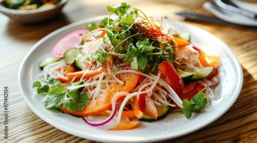 A high-resolution image of a noodle salad with colorful vegetables, herbs, and a tangy dressing, beautifully arranged on a white plate for a fresh and vibrant look