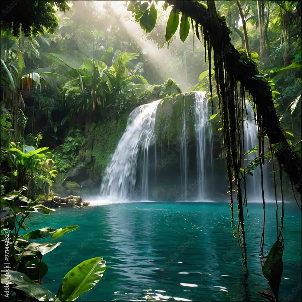 Majestic waterfall in jungle wallpaper design Majestic waterfall in jungle wallpaper design