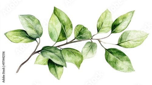 Artistic watercolor clipart featuring lush green leaves on a branch, white