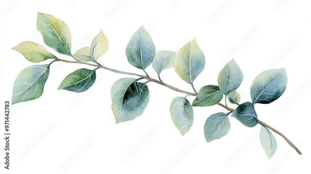 Botanical watercolor illustration of delicate plant leaves on a branch, isolated white Botanical watercolor illustration of delicate plant leaves on a branch, isolated white