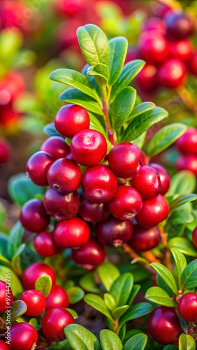 Bush of red bilberries or whortleberries or cowberries or mountain cranberries or foxberry or lingonberry berry