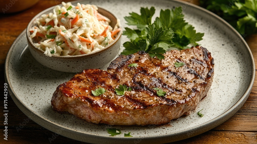 A high-resolution image of a plate with a tender pork steak and a side of creamy coleslaw, arranged attractively with a garnish of parsley. A high-resolution image of a plate with a tender pork steak and a side of creamy coleslaw, arranged attractively with a garnish of parsley.