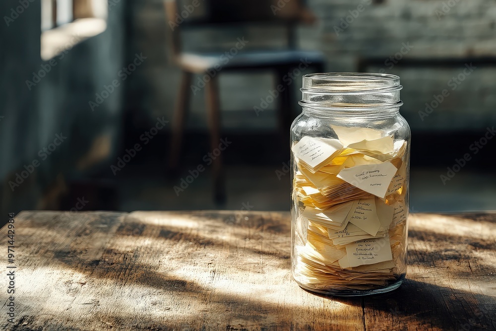 Jar filled with handwritten notes on table Jar filled with handwritten notes on table
