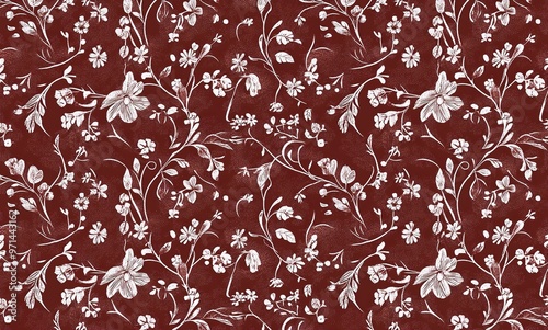 Brown background with a white outline pattern, using a brown and dark red color scheme. The design is elegant, simple yet detailed. It features delicate floral motifs that create an intricate lace-lik
