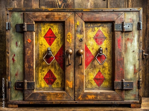 A worn wooden cabinet, adorned with metal and vibrant red and yellow symbols, exudes caution and secrecy, concealing hidden compartments and treasures.