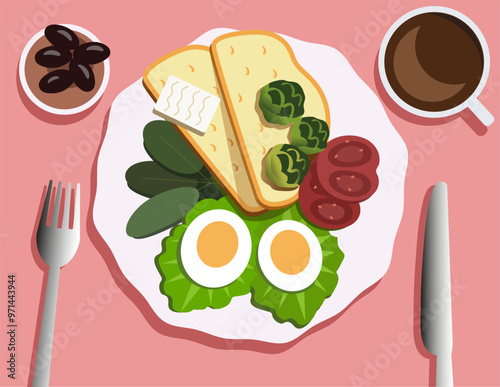 breakfast on the pink table, bread, eggs, tomatoes, cheese, letucce, olives, сoffee, healthy food  