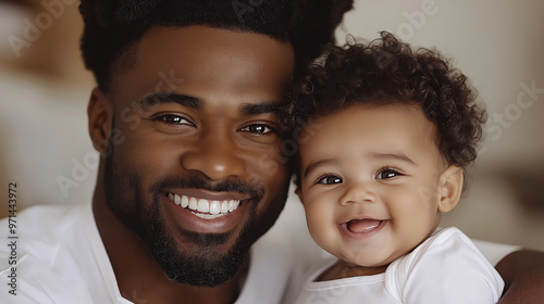 A high-detail image of a proud African American father, 30 years old, embracing his cute baby, both of them smiling, surrounded by soft natural light in a light-colored room, captu photo