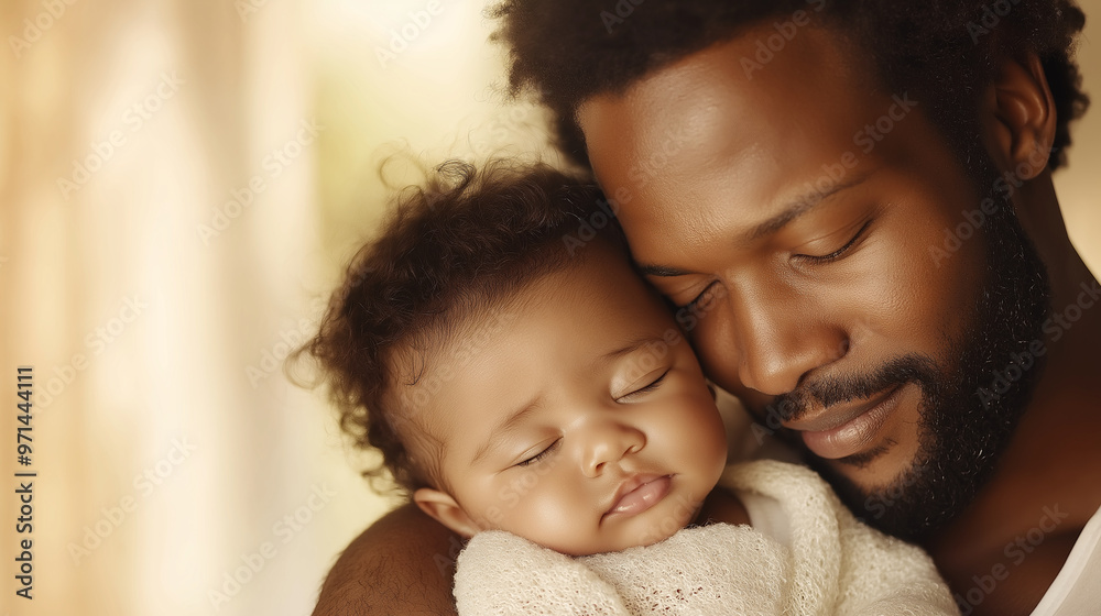 A heartwarming, detailed close-up of a 30-year-old African American father cradling his cute baby, both radiating joy and affection, with light tones and a serene atmosphere enhanc A heartwarming, detailed close-up of a 30-year-old African American father cradling his cute baby, both radiating joy and affection, with light tones and a serene atmosphere enhanc