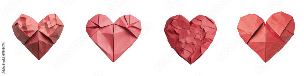 A collection of origami hearts showcasing different textures and shades of red, perfect for love-themed designs. transparent background A collection of origami hearts showcasing different textures and shades of red, perfect for love-themed designs. transparent background