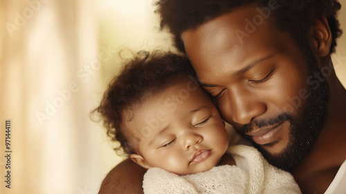 A heartwarming, detailed close-up of a 30-year-old African American father cradling his cute baby, both radiating joy and affection, with light tones and a serene atmosphere enhanc