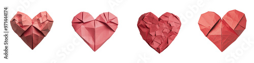 A collection of origami hearts showcasing different textures and shades of red, perfect for love-themed designs. transparent background