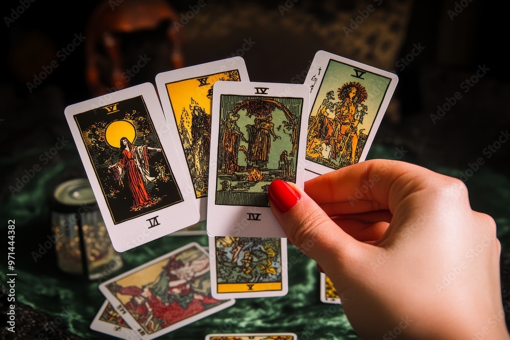 A hand with red fingernails flipping through a deck of tarot cards, each card revealing a glimpse of the future A hand with red fingernails flipping through a deck of tarot cards, each card revealing a glimpse of the future