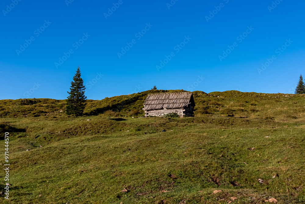 Broken small wooden high altitude hut on alpine meadow near Latschur, Gailtal Alps, Carinthia, Austria. Hiking trail in remote wilderness of the Austrian Alps. Peaceful serene atmosphere in mountains Broken small wooden high altitude hut on alpine meadow near Latschur, Gailtal Alps, Carinthia, Austria. Hiking trail in remote wilderness of the Austrian Alps. Peaceful serene atmosphere in mountains