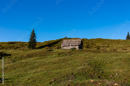 Broken small wooden high altitude hut on alpine meadow near Latschur, Gailtal Alps, Carinthia, Austria. Hiking trail in remote wilderness of the Austrian Alps. Peaceful serene atmosphere in mountains