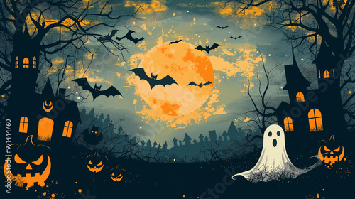 alloween pattern banner with spooky bats, ghosts, and pumpkins. photo