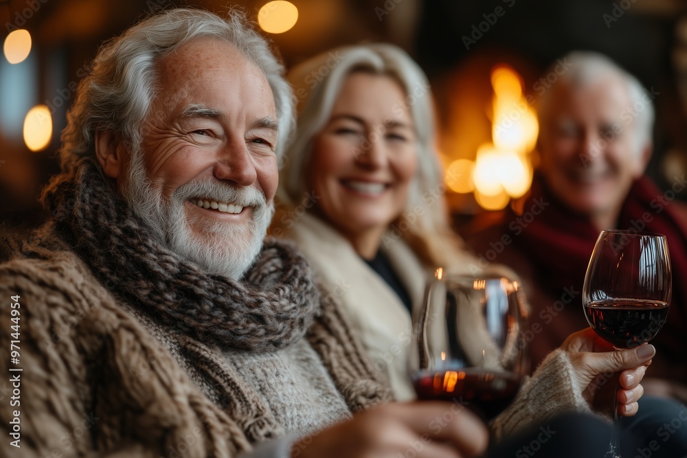 A joyful elderly couple sharing a warm moment together, sipping wine in a cozy setting A joyful elderly couple sharing a warm moment together, sipping wine in a cozy setting