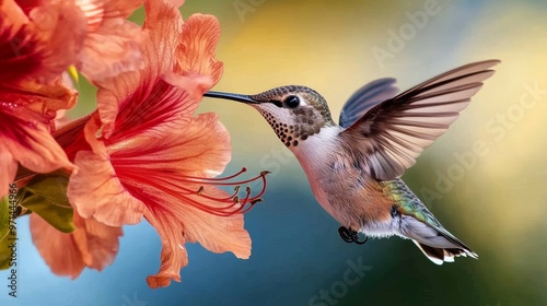 A vibrant hummingbird hovering near a colorful flower, capturing the beauty of nature in motion. photo