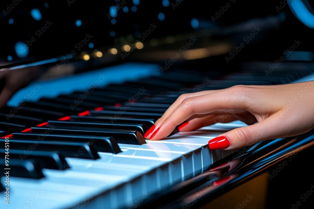 Obraz premium A hand with red fingernails resting on a grand pianoâ€™s keys, ready to play a soft, melodic tune