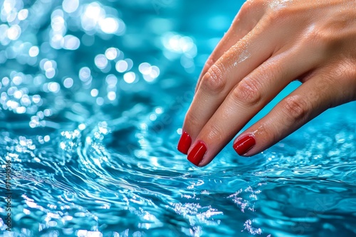 A hand with red fingernails skimming the surface of a pool, creating ripples in the shimmering blue water photo