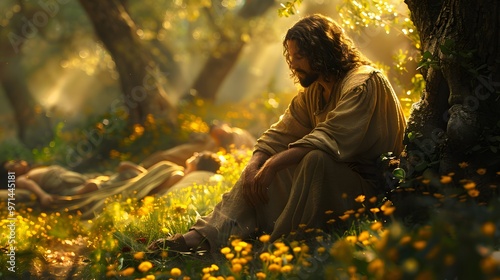 Jesus kneeling in deep contemplation, bathed in soft, ethereal light, while the disciples lie in peaceful sleep among the olive trees, the garden quiet and tranquil,