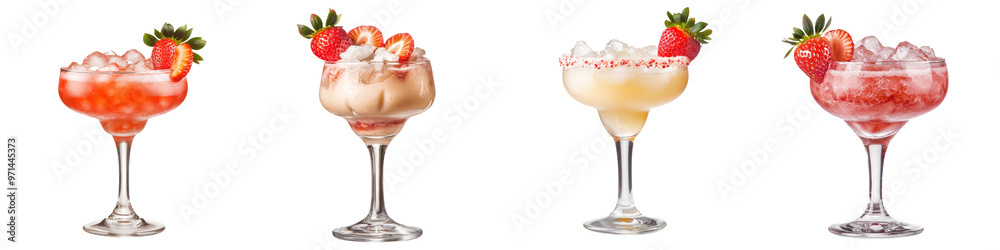 A vibrant collection of four colorful cocktails served in elegant glasses, perfect for summer parties and celebrations. transparent background A vibrant collection of four colorful cocktails served in elegant glasses, perfect for summer parties and celebrations. transparent background