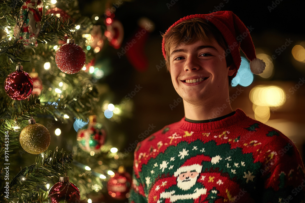 Teenage boy is smiling while wearing a christmas sweater and santa hat Teenage boy is smiling while wearing a christmas sweater and santa hat