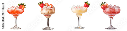 A vibrant collection of four colorful cocktails served in elegant glasses, perfect for summer parties and celebrations. transparent background