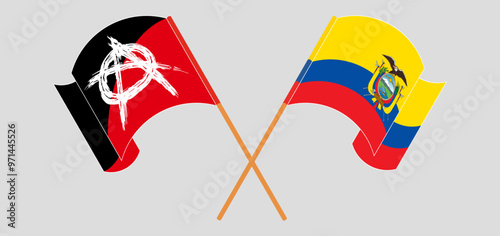 Crossed and waving flags of Anarchy and Republic of Ecuador. Vector illustration