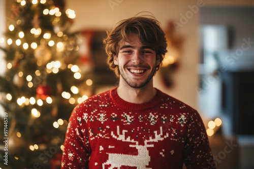 Young man smiling wearing christmas sweater standing in front of a decorated christmas tree at home