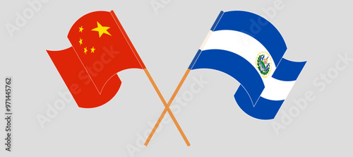 Crossed and waving flags of China and Republic of El Salvador. Vector illustration