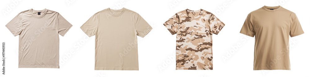 Collection of stylish beige t-shirts in various styles, perfect for casual wear, promotions, and fashion photography. transparent background Collection of stylish beige t-shirts in various styles, perfect for casual wear, promotions, and fashion photography. transparent background