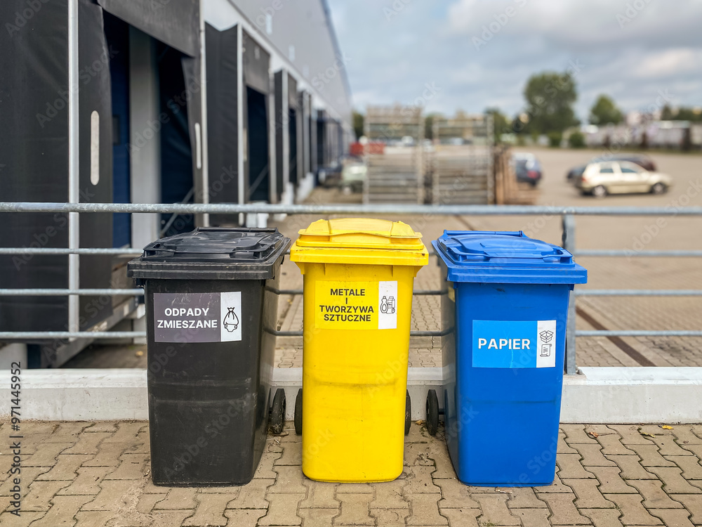 Kosze recyklingowe na terenie firmy, zarządzanie odpadami, ekologia, segregacja odpadów, plastik, papier, tworzywa sztuczne, zmieszane. Trzy kosze na śmieci. Kosze recyklingowe na terenie firmy, zarządzanie odpadami, ekologia, segregacja odpadów, plastik, papier, tworzywa sztuczne, zmieszane. Trzy kosze na śmieci.