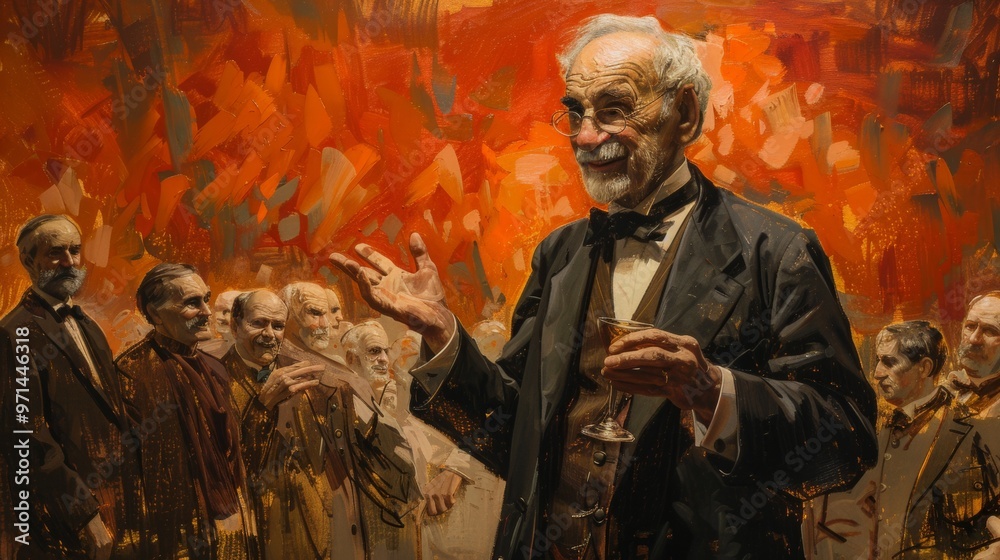 Obraz premium Elegant Man in a Black Suit with a Glass of Wine Surrounded by Friends in a Painting