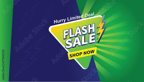 Creative flash sale shop now background banner with thunder, limited time deal, flash sale creative campaign green blue yellow banner template design for social media and website