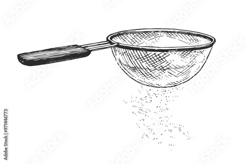 Vector hand-drawn illustration of sieve isolated on white. Sketch of process of sifting flour through a sieve.