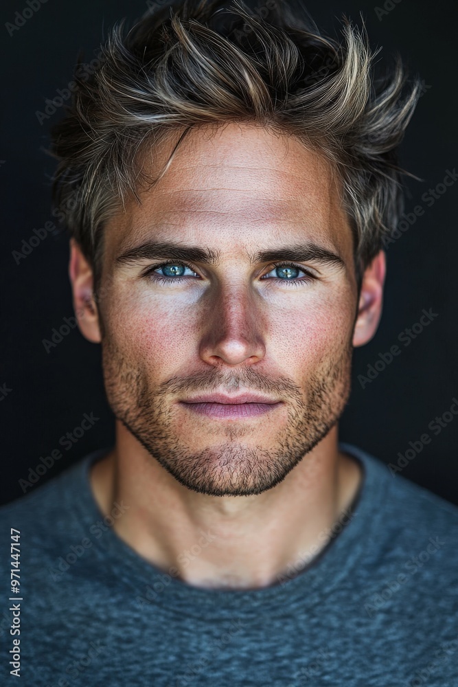 Man with striking blue eyes poses against a dark background Man with striking blue eyes poses against a dark background