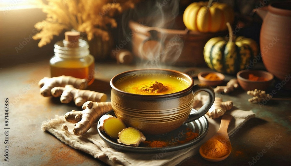 Fototapeta premium a steaming mug of turmeric latte on a rustic table. Surrounding the mug are ingredients and items associated with the beverage, including fresh turmeric root, a bowl of powdered spice, and an orange