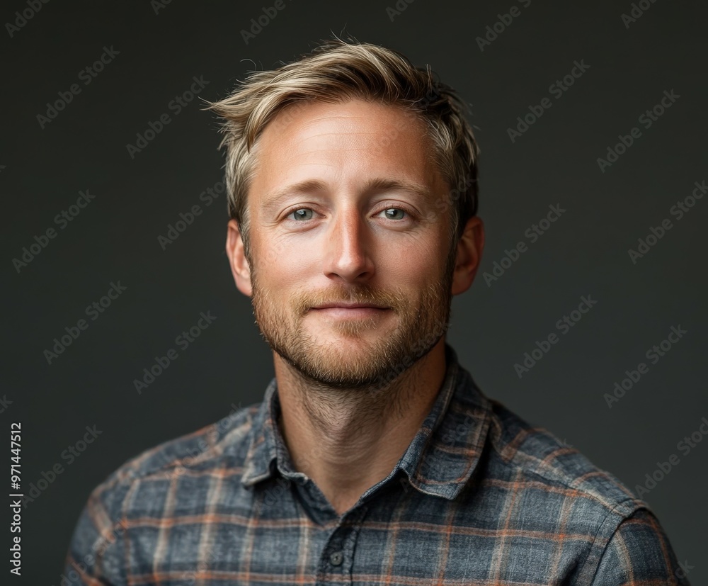 Fototapeta premium Portrait of a smiling man in a flannel shirt against a dark background