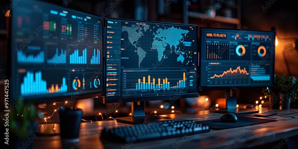 Multiple computer screens displaying global data analytics, charts, and graphs in a dimly lit office, Multiple computer screens displaying global data analytics, charts, and graphs in a dimly lit office,