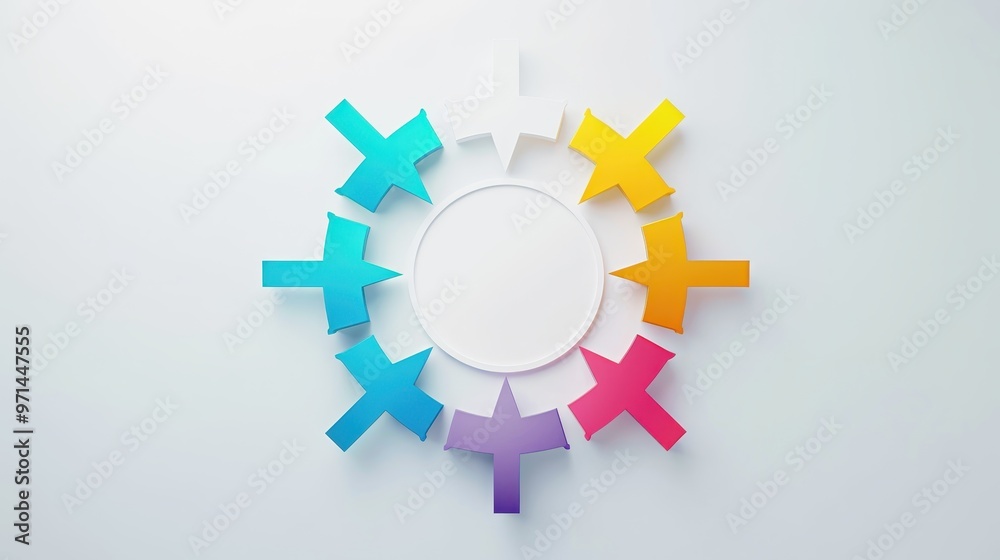 A circular arrangement of colorful arrows pointing inwards, creating a radial pattern around a central white space A circular arrangement of colorful arrows pointing inwards, creating a radial pattern around a central white space
