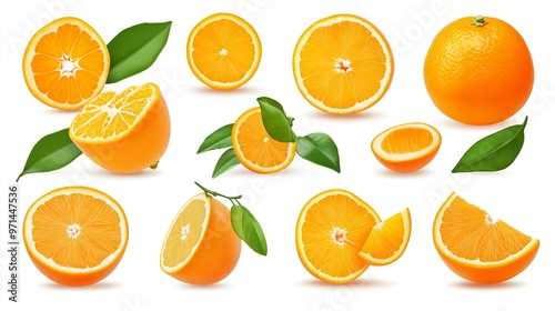 Collection of fresh oranges, halves, and wedges isolated on white background.