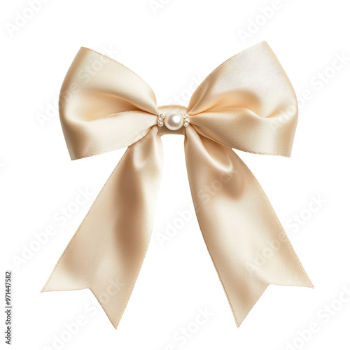 Elegant satin ribbon bow with pearl detail, perfect for decorations, gifts, or fashion accessories. transparent background