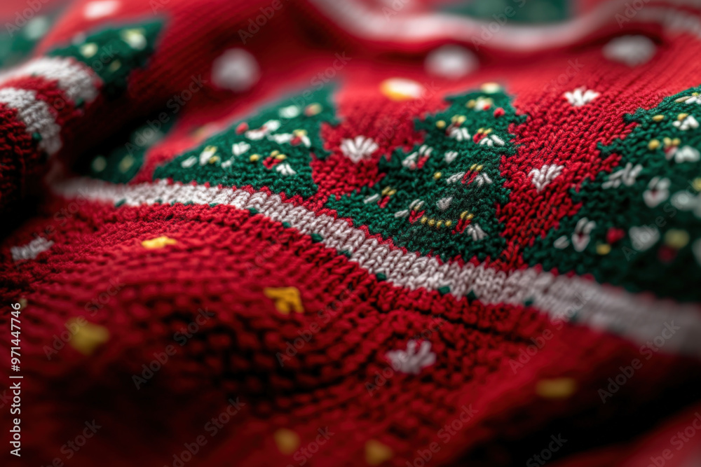 Christmas trees pattern knitted on red woolen sweater for winter holidays Christmas trees pattern knitted on red woolen sweater for winter holidays