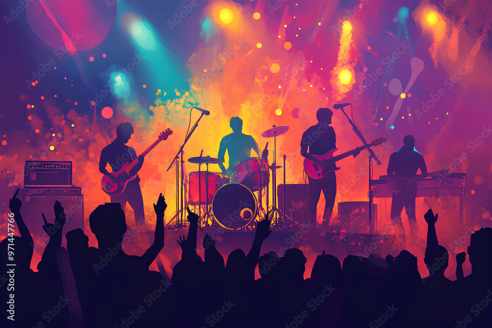 Fototapeta premium A vibrant concert scene with a band performing on stage and an engaged audience.