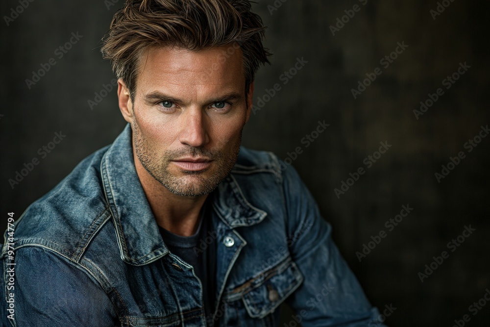 Stylish man in denim jacket posing confidently against dark background Stylish man in denim jacket posing confidently against dark background