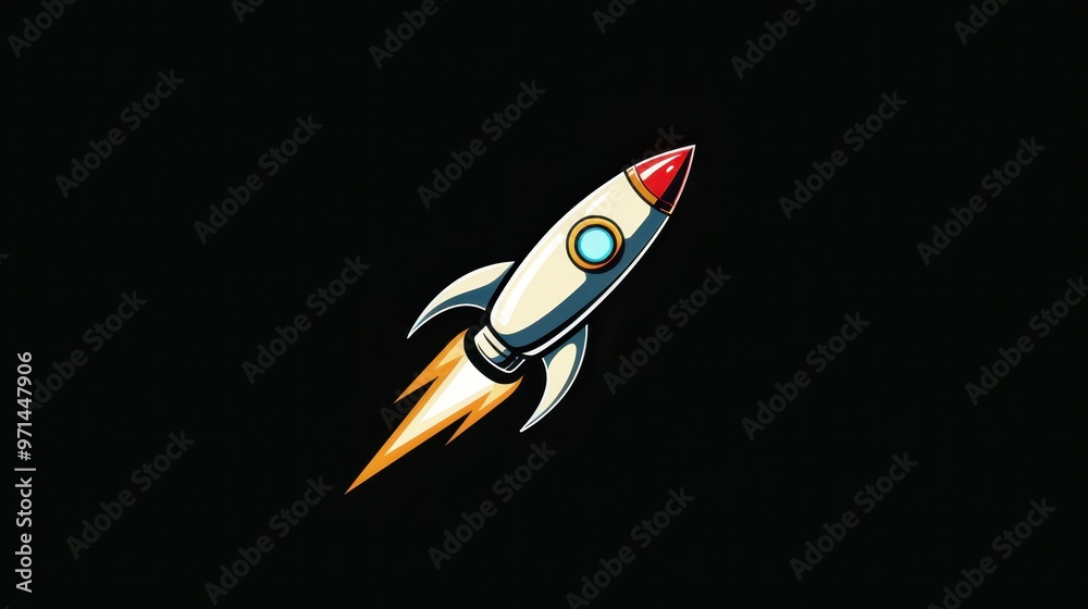 A cartoon rocket blasting off into space, with a black background A cartoon rocket blasting off into space, with a black background
