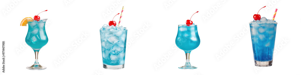 Four colorful cocktails with cherries and fruit garnishes, perfect for summer celebrations and festive occasions. transparent background