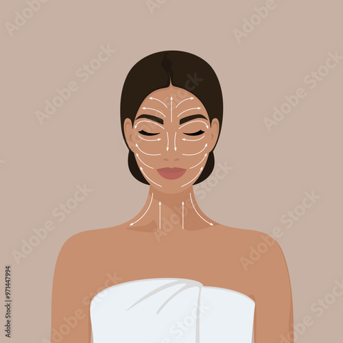 Beautiful young girl, woman with closed eyes taking care of her facial skin. Female face with massage lines indicated by arrows, gua sha. Vector flat cartoon illustration EPS10