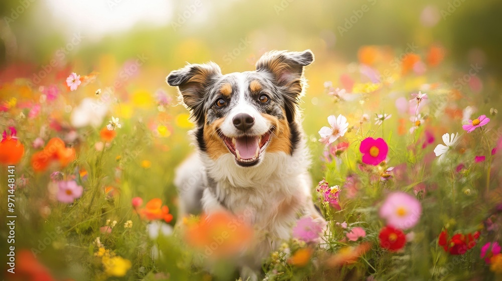 A playful photo of a dog bounding through a field of colorful wildflowers, with its fur and flowers creating a vibrant and cheerful contrast. A playful photo of a dog bounding through a field of colorful wildflowers, with its fur and flowers creating a vibrant and cheerful contrast.